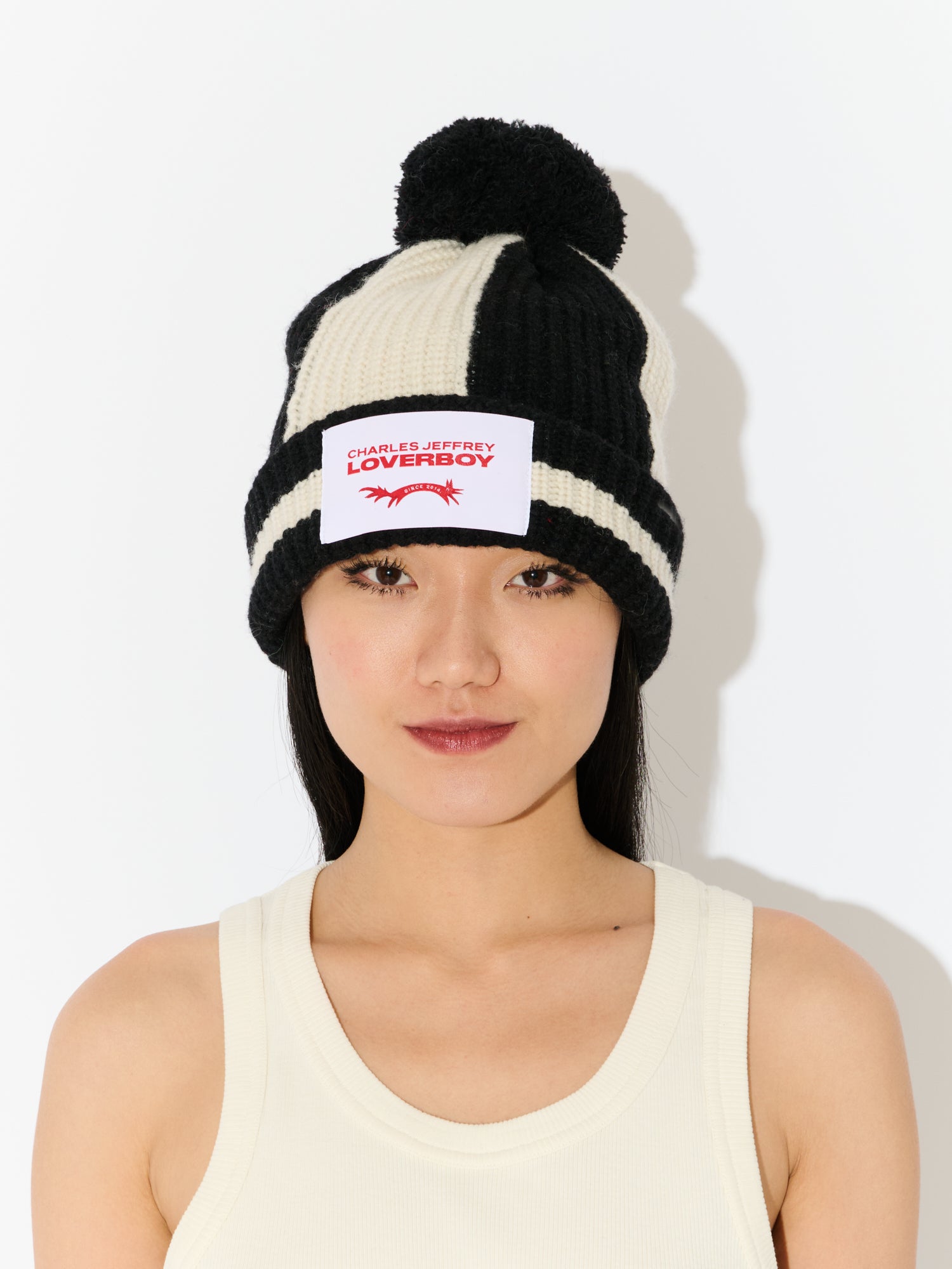 POMPOM BEANIE in BLACK ECRU - Image 3