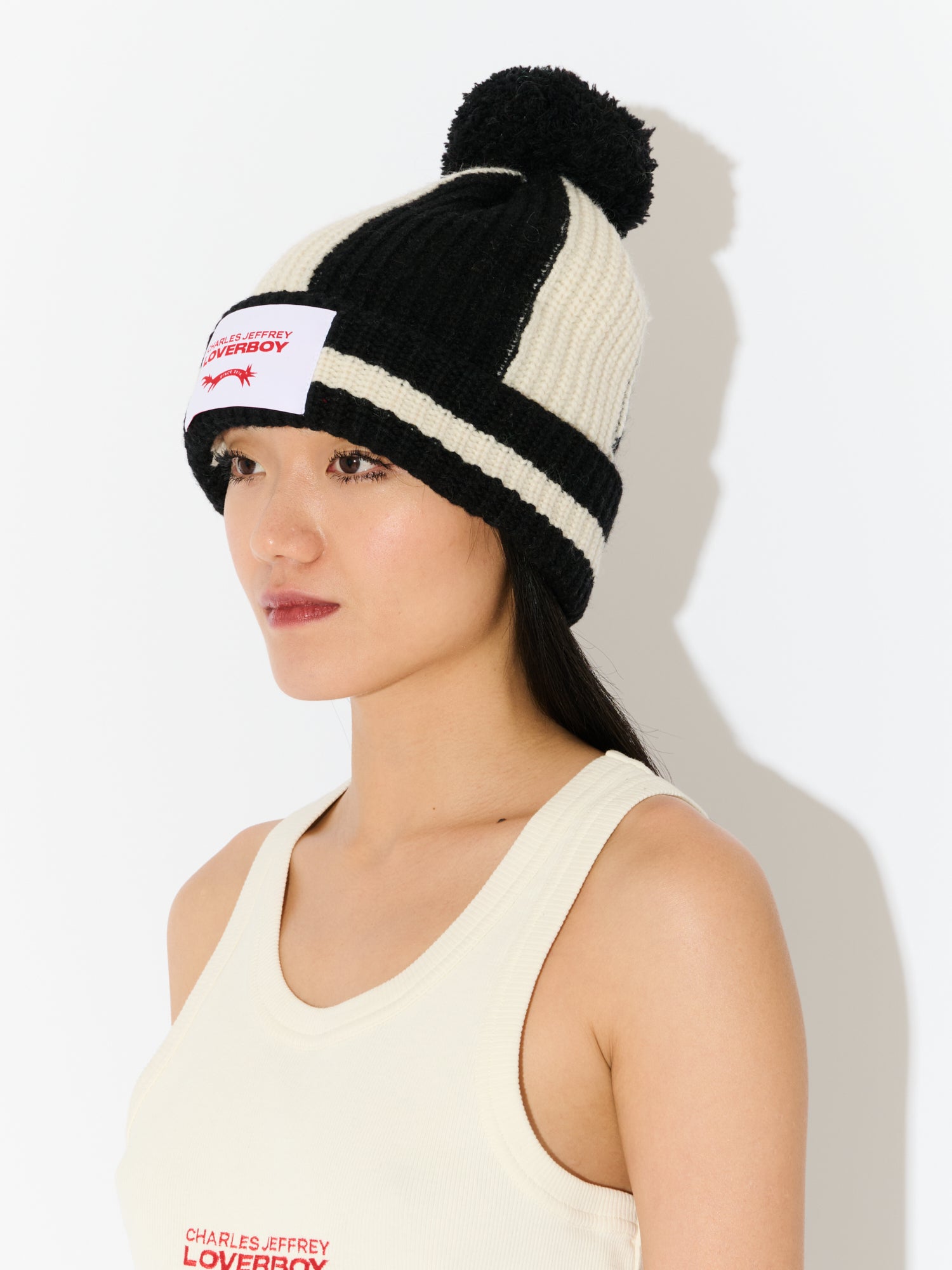 POMPOM BEANIE in BLACK ECRU - Image 4