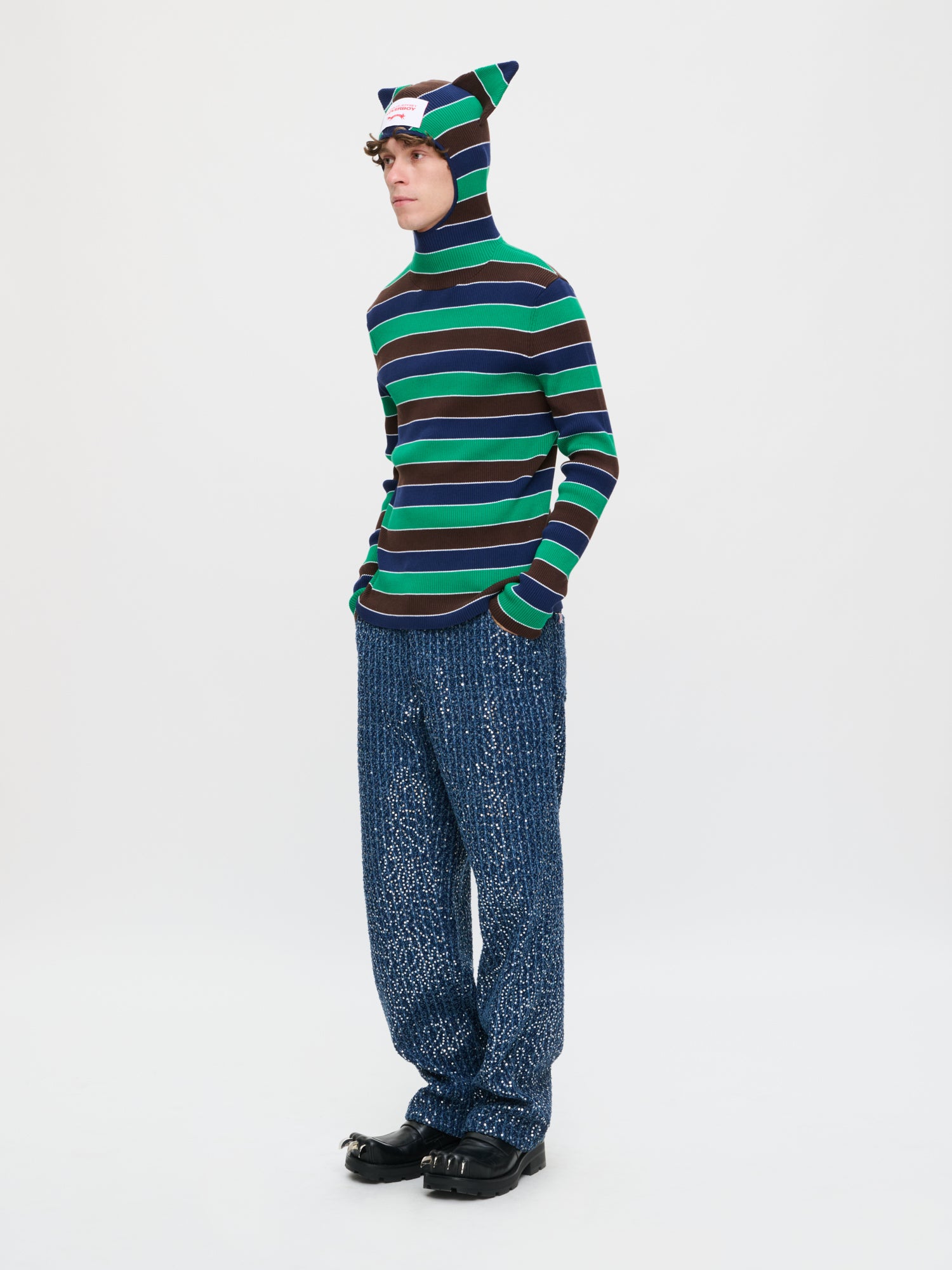 RIBBED EARS BALACLAVA JUMPER in GREEN NAVY STRIPE - Image 3