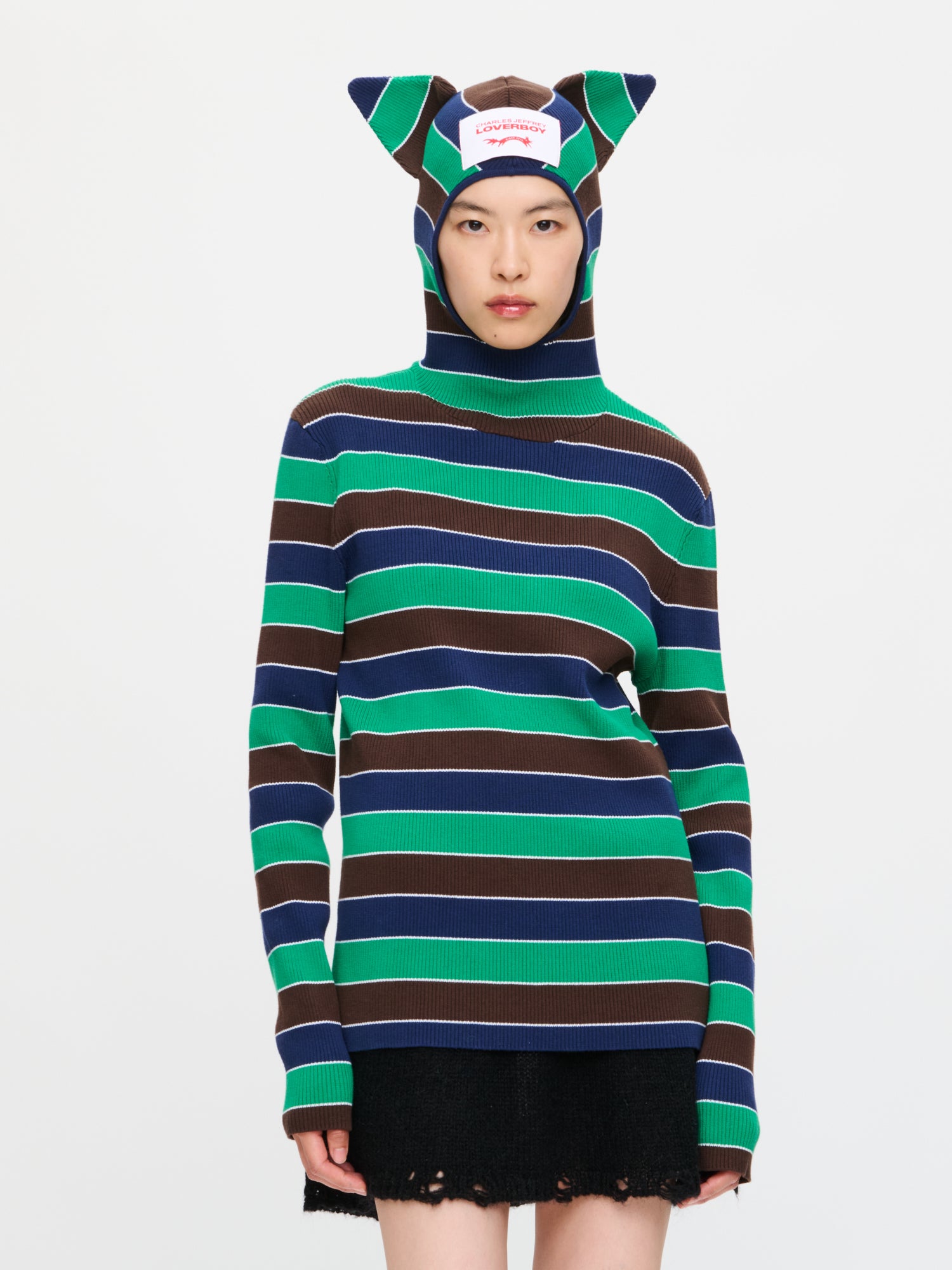 RIBBED EARS BALACLAVA JUMPER in GREEN NAVY STRIPE - Image 5