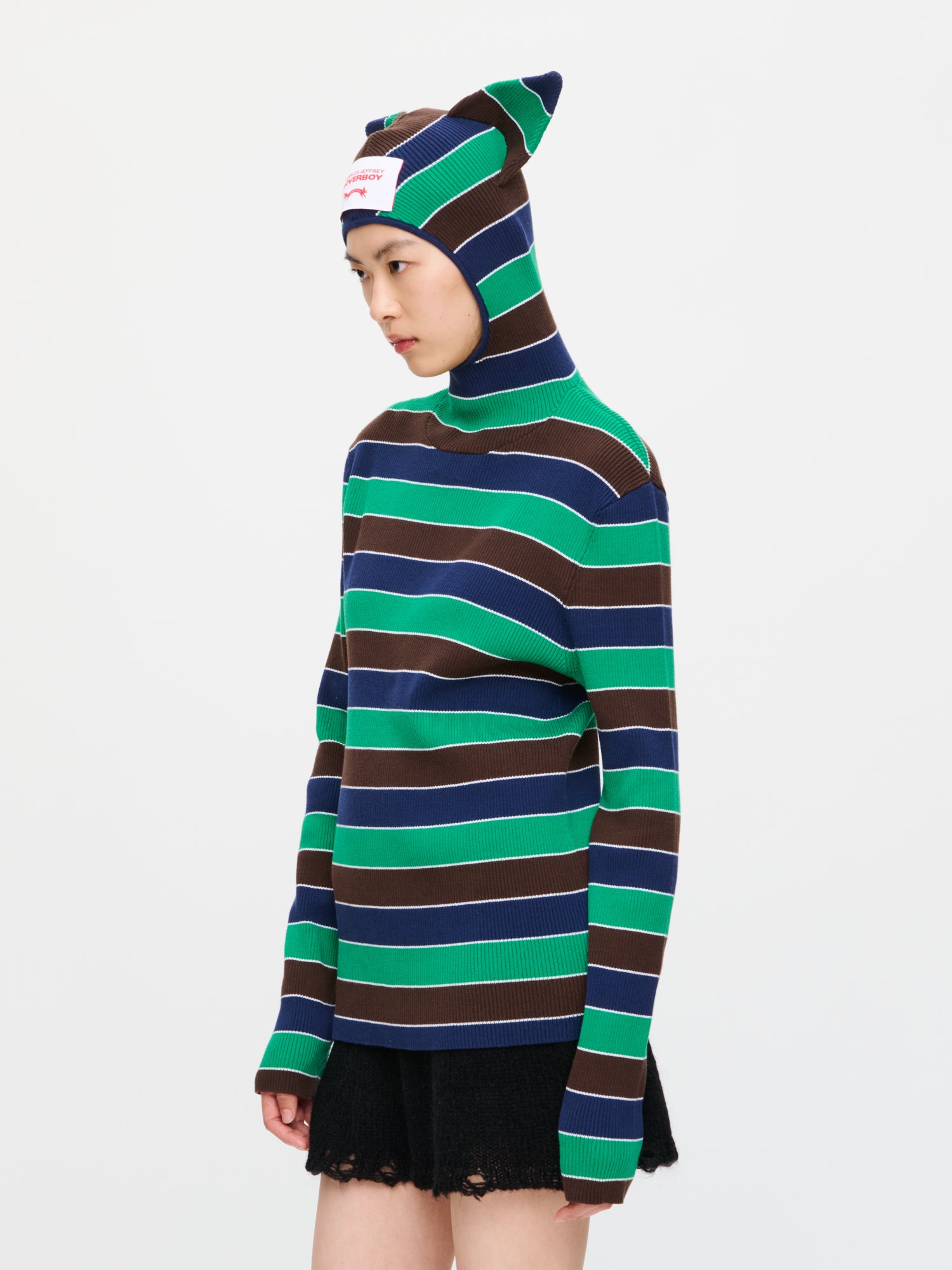 RIBBED EARS BALACLAVA JUMPER in GREEN NAVY STRIPE - Image 7